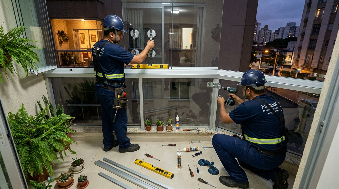 Instalação noturna de parede de vidro em Asa Norte-DF